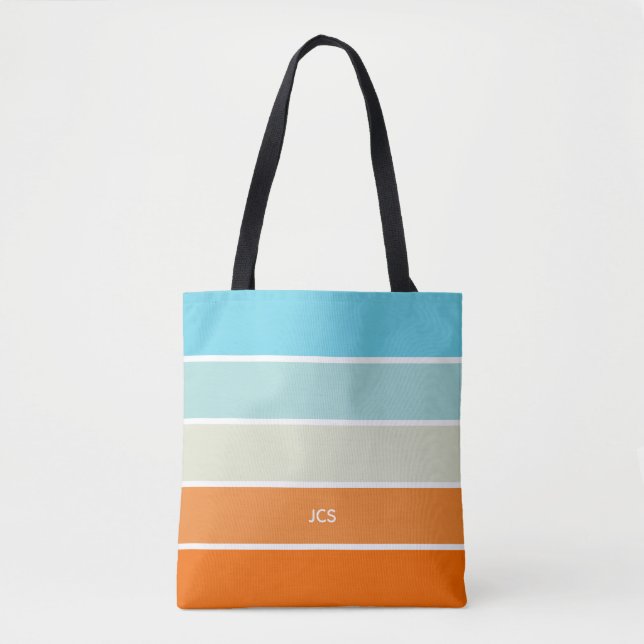 Turquoise Orange Green Color Block Monogrammed Tote Bag (Front)