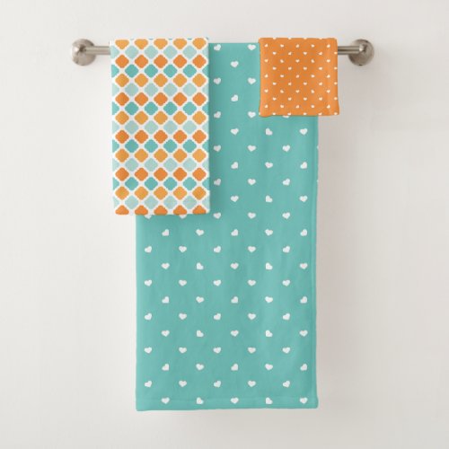 Turquoise orange hearts square retro pattern  bath towel set