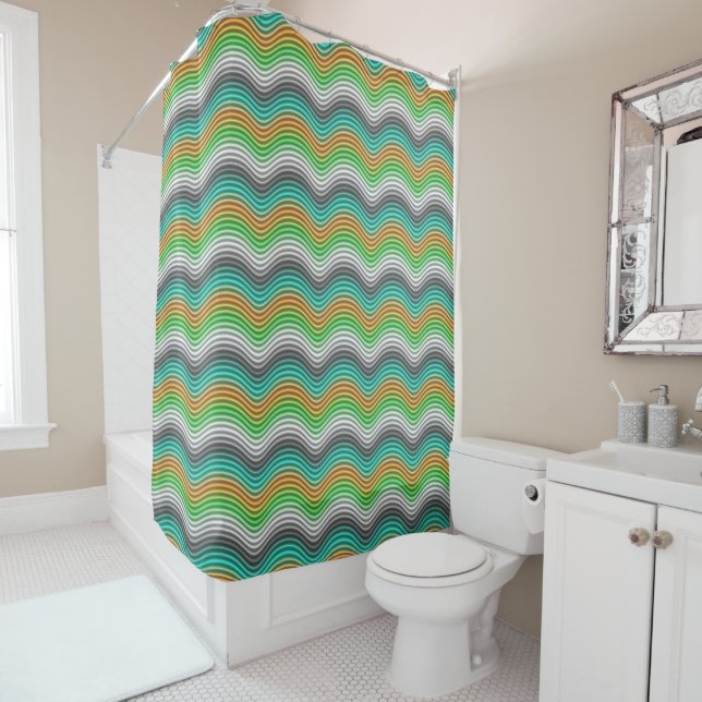 Turquoise Orange Lime Green Retro Waves Pattern Shower Curtain (In Situ)