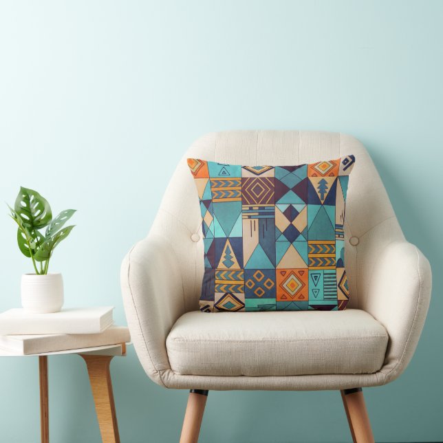 Turquoise & Orange Patchwork Tote Throw Pillow (Chair)
