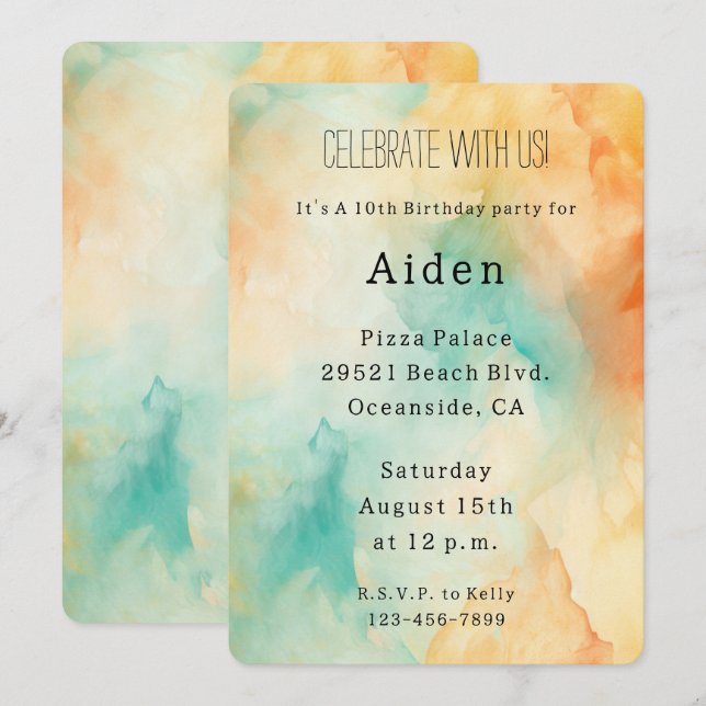 Turquoise Orange Peach Watercolor Invitation (Front/Back)