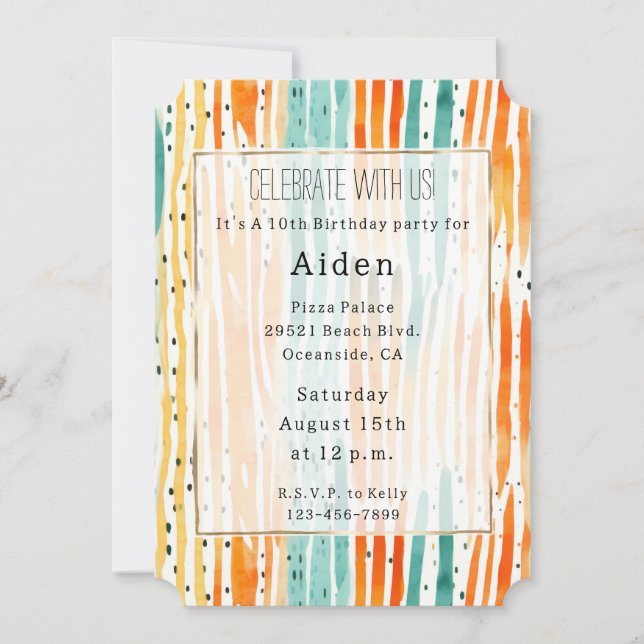 Turquoise Orange Peach Watercolor Stripes Invitation (Front)