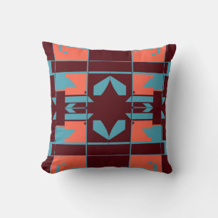 Turquoise Orange Plum Abstract Checkerboard Motif Throw Pillow