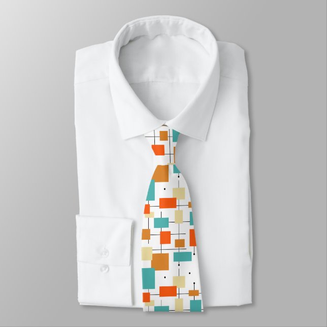 Turquoise Orange Rectangles Pattern Mid-century Neck Tie (Tied)