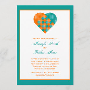 Turquoise Orange Ribbon Heart Wedding Invitation