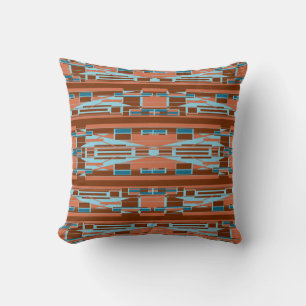 Turquoise Orange Rust Mediterranean Motif in Rows Throw Pillow