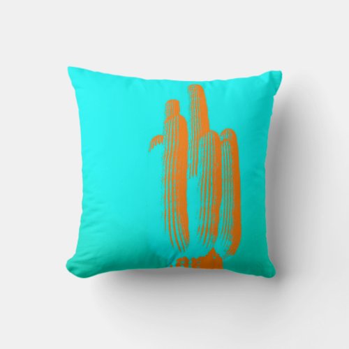 Turquoise Orange Saguaro Cactus Modern Art Throw Pillow