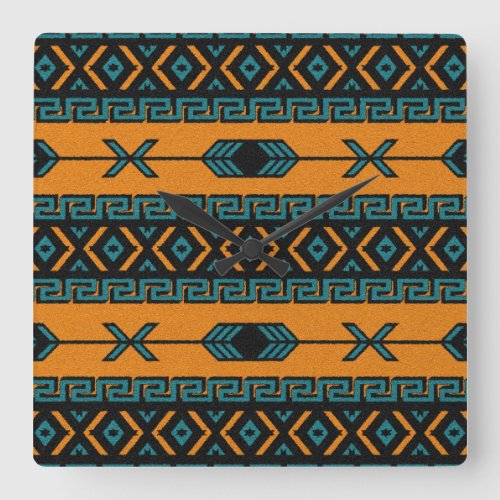 Turquoise Orange Southwest Tribal Aztec Design Square Wall Clock