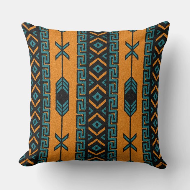 Turquoise Orange Southwest Tribal Aztec Design Throw Pillow (Front)