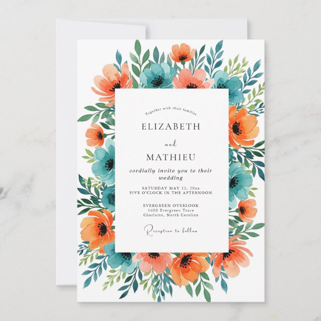 Turquoise Orange Splendid Summer Wedding Invitation (Front)