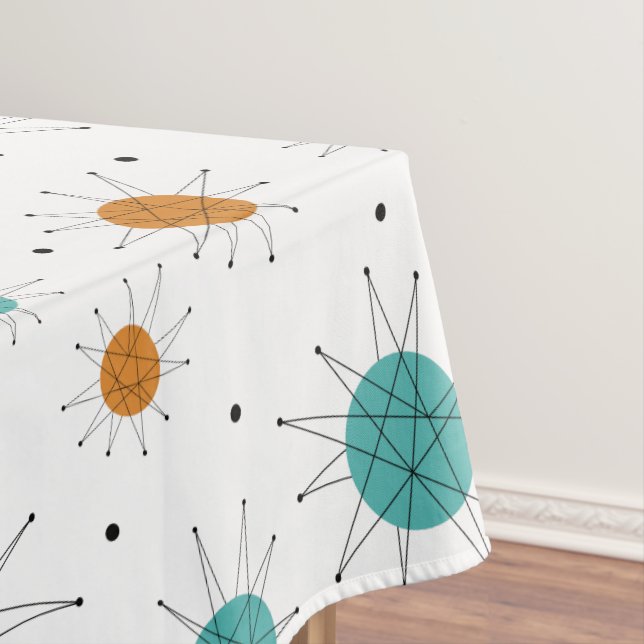 Turquoise Orange Starburst Mid Century Pattern Tablecloth (In Situ)