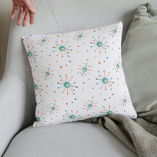 Turquoise Orange Starburst Pattern Mid Century Throw Pillow