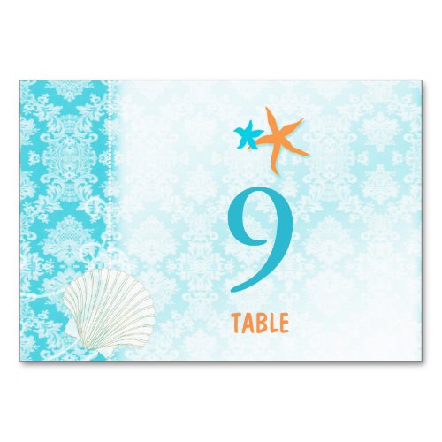 Turquoise Orange Starfish Beach Wedding Table Number