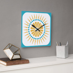 Turquoise Orange Sunburst Wall Clock