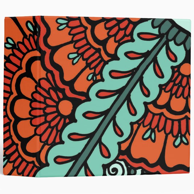 Turquoise Orange Teal Red Henna Flowers Exotic 3 Ring Binder (Front/Spine)
