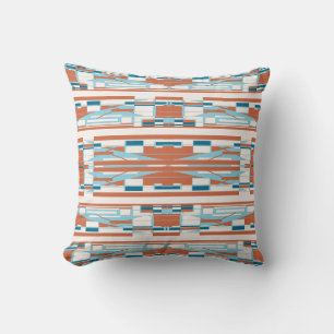 Turquoise Orange White Mediterranean Motif in Rows Throw Pillow