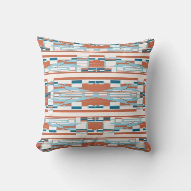 Turquoise Orange White Mediterranean Motif in Rows Throw Pillow (Front)