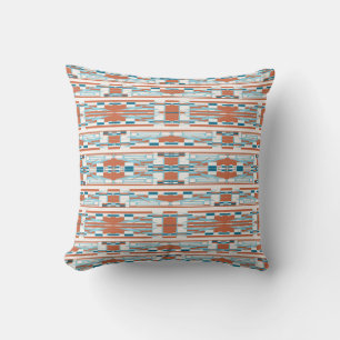 Turquoise Orange White Mediterranean Thin Rows Throw Pillow