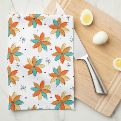 Turquoise Orange Yellow Abstract Flowers Mid Mod Kitchen Towel