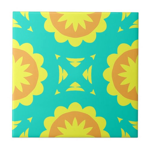 Turquoise Orange Yellow Mosaic Geometric Pattern Ceramic Tile