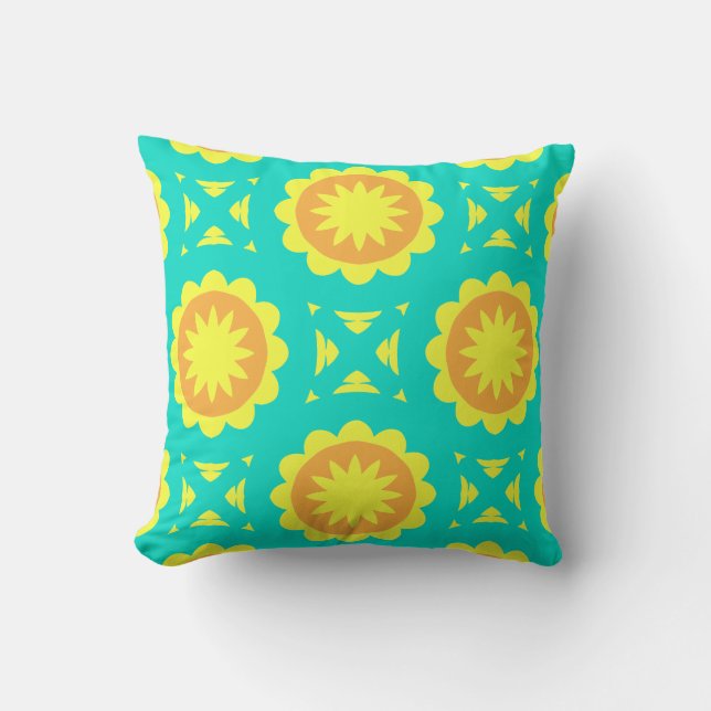Turquoise Orange Yellow Mosaic Geometric Pattern Throw Pillow (Front)