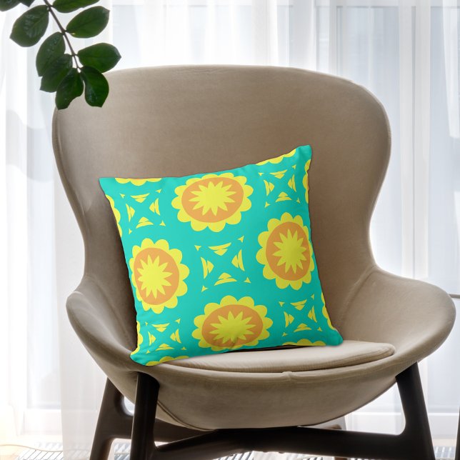 Turquoise Orange Yellow Mosaic Geometric Pattern Throw Pillow (Creator Uploaded)