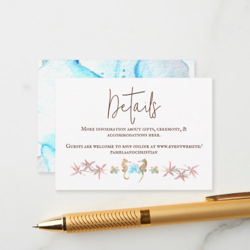 Turquoise Orchid Seahorses Wedding Details Card