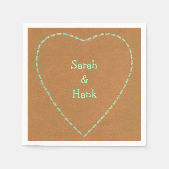 Turquoise outline heart brown personalized napkins (Front)