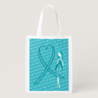 TURQUOISE OVARIAN CANCER AWARENESS RIBBONS GROCERY BAG