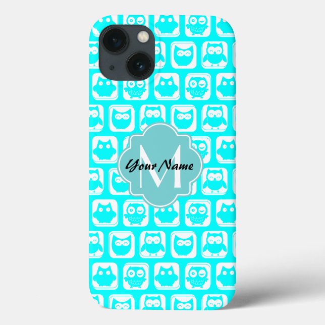 Turquoise Owl Pattern Aqua Personalized Name Case-Mate iPhone Case (Back)