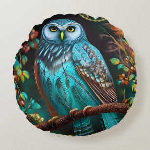 Turquoise owl round pillow
