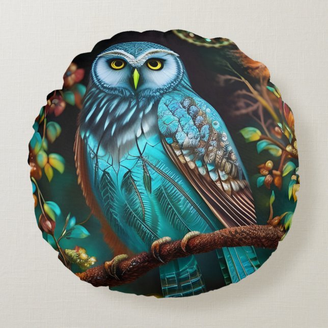 Turquoise owl round pillow (Front)