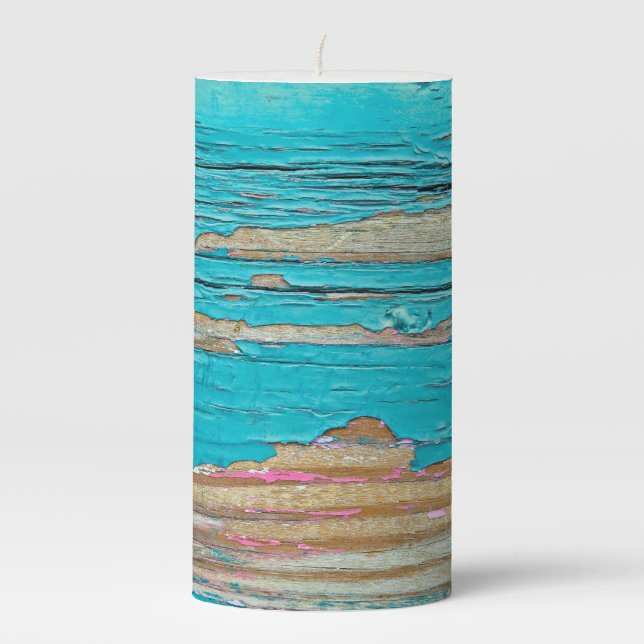 Turquoise Paint On Weathered Wood Pillar Candle (Front)