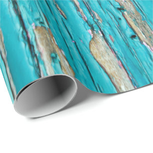 Turquoise Paint On Weathered Wood Wrapping Paper