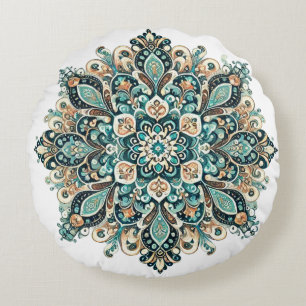 Turquoise Paisley Mandala with Gold Accents 1 Round Pillow