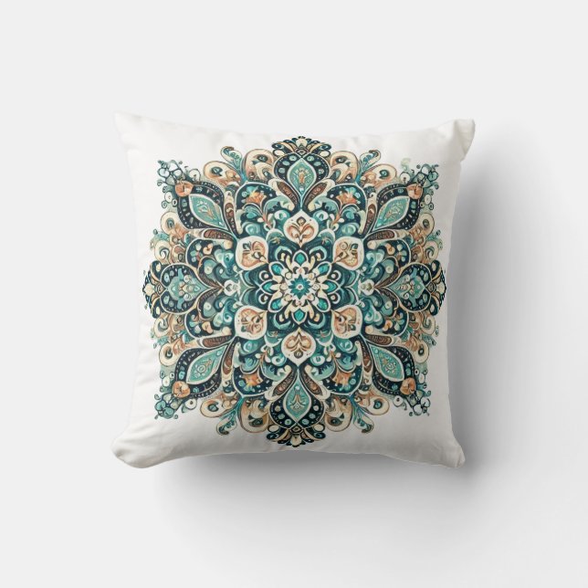 Turquoise Paisley Mandala with Gold Accents 1 Throw Pillow (Front)