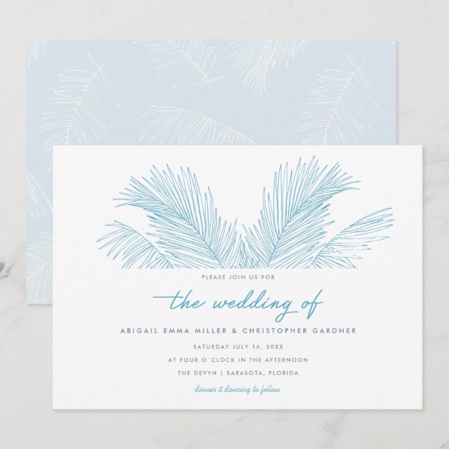 Turquoise Palm Leaves Tropical Beach Wedding Invitation (Front/Back)