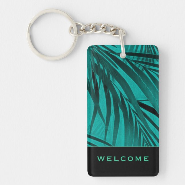 Turquoise Palm Leaves | Welcome | Vacation Rental Keychain (Front)