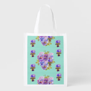 Turquoise Pansy Shabby floral Reusable Grocery Bag