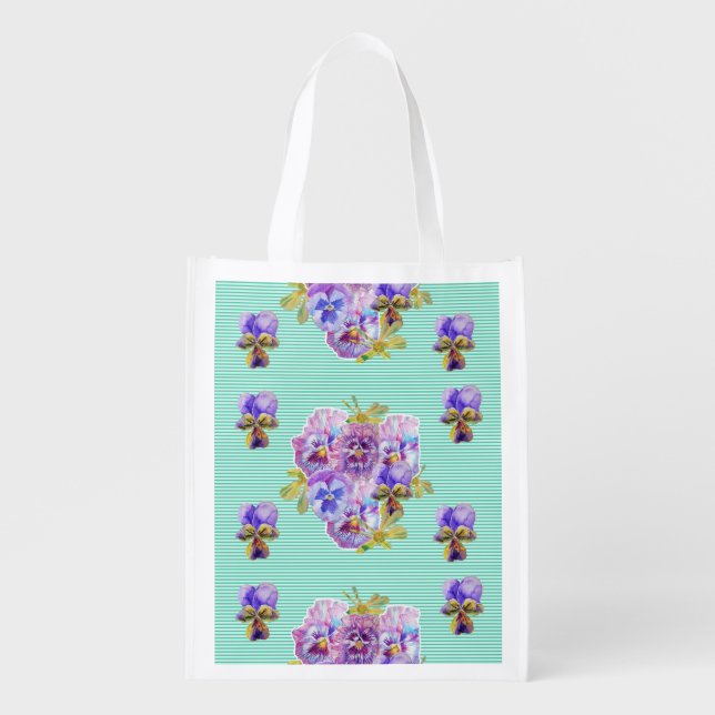 Turquoise Pansy Shabby floral Reusable Grocery Bag (Front)