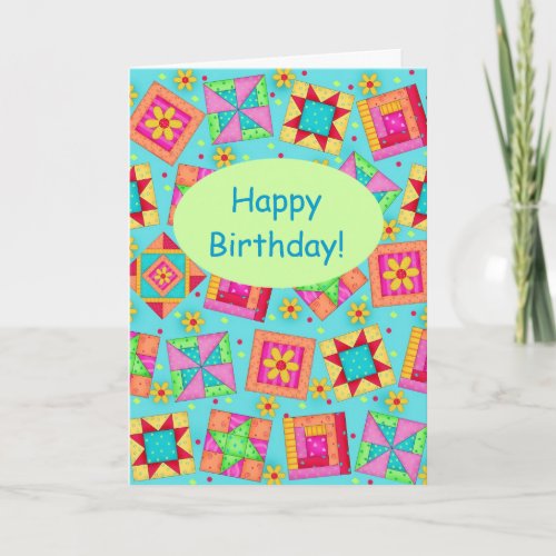 Turquoise Patchwork Quilt Block Art Happy Birthday Card