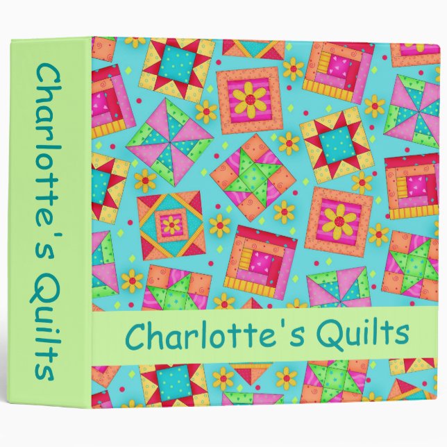 Turquoise Patchwork Quilt Name Personalized Album 3 Ring Binder (Front/Spine)