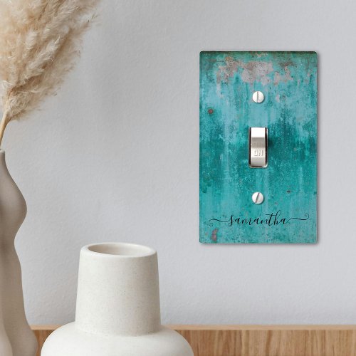 Turquoise Patina Metal Distressed Aged Monogram Light Switch Cover