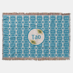 Turquoise pattern & peacock feathers on beige Tao Throw Blanket