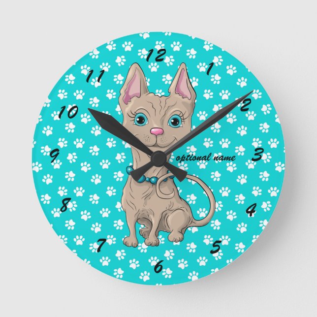 Turquoise Paw Print Sphynx Cat Wall Clock (Front)
