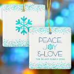 Turquoise Peace Joy Love Snowflake Custom Name Ceramic Ornament<br><div class="desc">“Peace, joy & love.” This ornament, with a fun, playful, snowflake illustration and modern turquoise and dark blue typography on a white background helps you usher in the holiday season. Turquoise confetti dots frame complete the look. On the back is a giant turquoise faux foil snowflake. Feel the warmth and...</div>