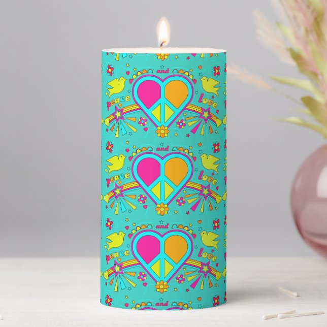 Turquoise Peace Love Pillar Candle (In Situ)