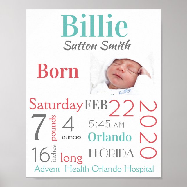 Turquoise & Peach Baby Birth Stats Gender Neutral Poster (Front)