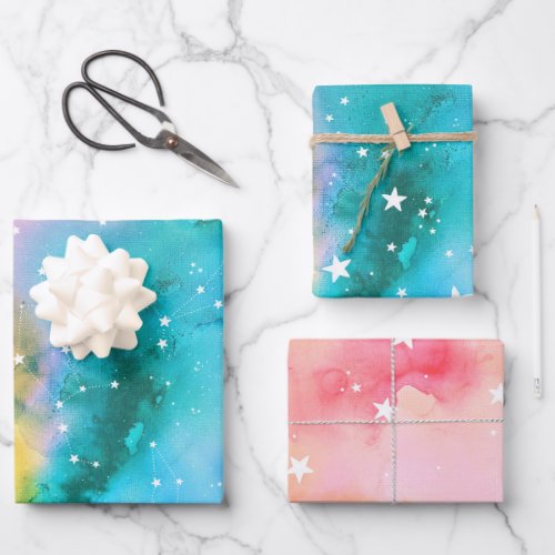 Turquoise Peach Blossom Colorful Celestial Stars Wrapping Paper Sheets