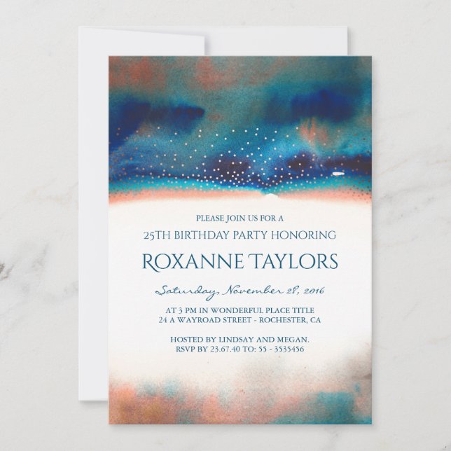 Turquoise & Peach Watercolor Modern Birthday Party Invitation (Front)